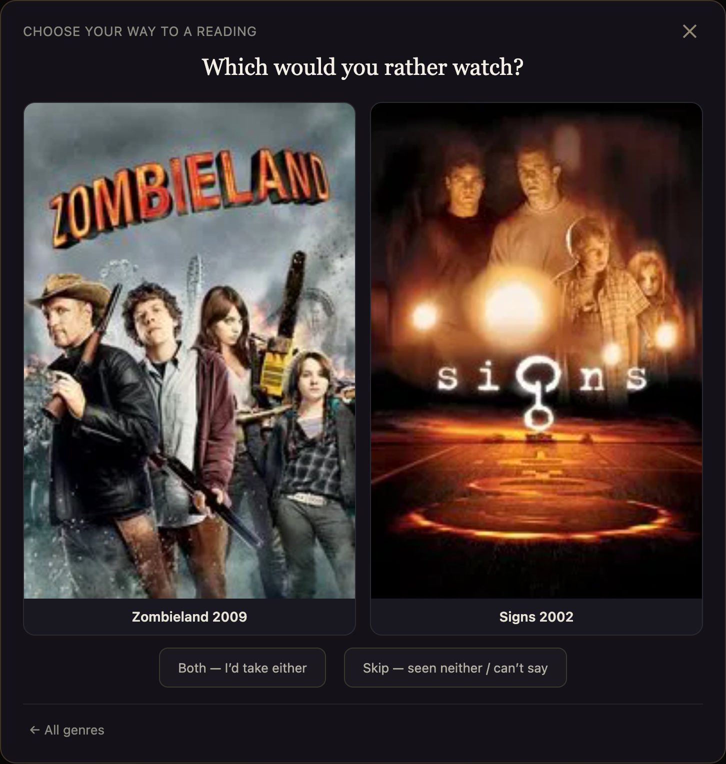The chooser: two films side by side under the question ‘Which would you rather watch?’
